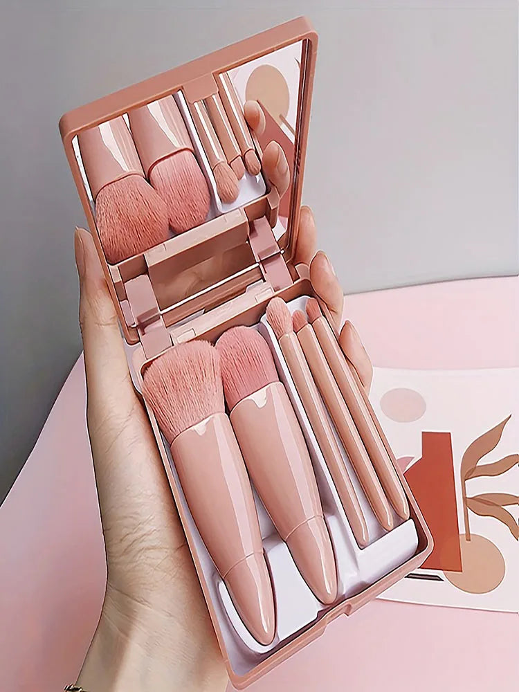 Premium Quality 5-Piece Portable Makeup Brush Set with Mirror – Foldable Mini Travel Makeup Brush Kit