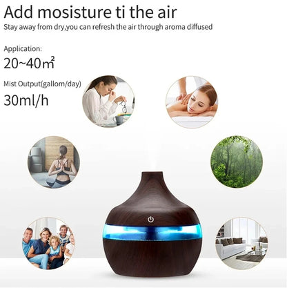 300ml Ultrasonic Aroma Diffuser & Cool Mist Humidifier – Essential Oil Aromatherapy Air Purifier for Home & Office (Wood Design)