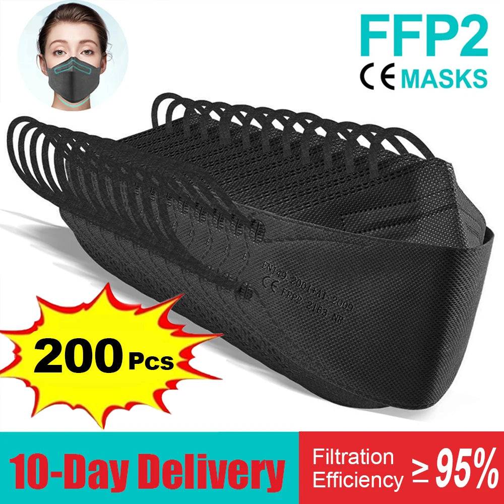 10–200pcs FFP2/KN95 Fish-Style Face Masks – Certified Protective Mascarillas, Multicolor, 5-Layer Filtration