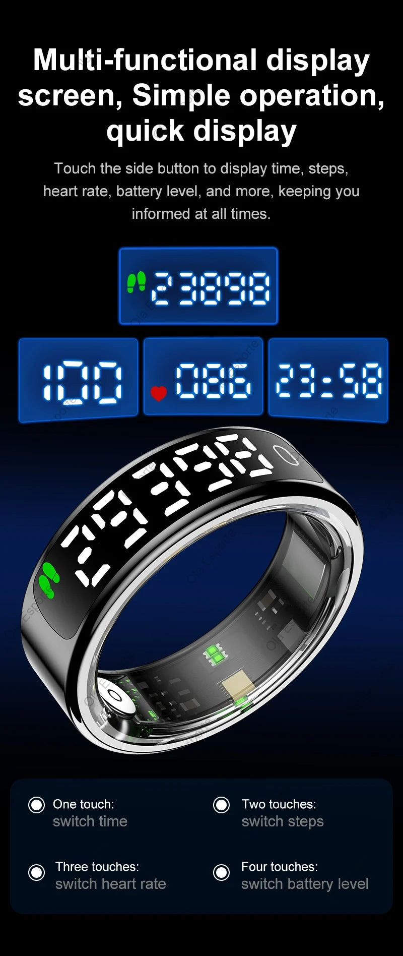 Smart Ring Health Fitness Tracker LED Touch Display Heart Rate Sleep Monitor Waterproof