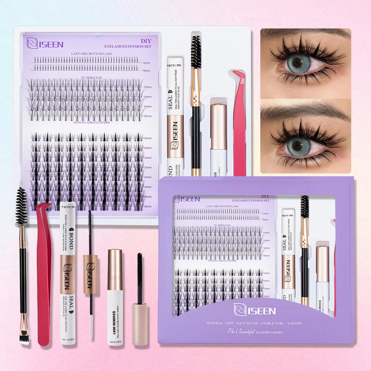 ISEEN DIY Lash Extension Kit – Mixed Style Lash Clusters with Bond & Seal, Remover, Tweezers & Lash Brush for Self-Application