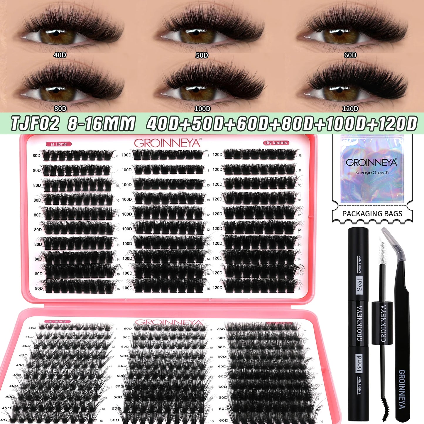 GROINNEYA DIY Lash Clusters Kit – Mixed Length Individual Eyelash Extensions with Bond & Seal, Tweezers Tool for At-Home Lash Application