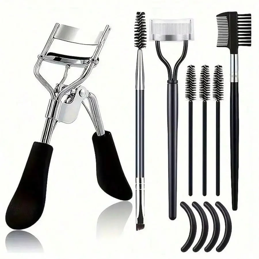 11-in-1 Eyelash Curler & Grooming Kit – Stainless Steel Curler with Comb, Brush & Silicone Pads
