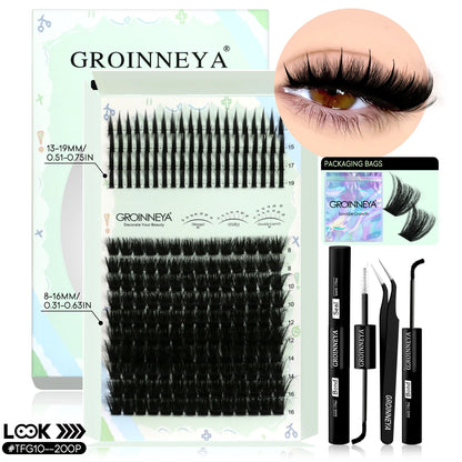 GROINNEYA Lash Clusters Kit – Spiky D-Curl Individual Lash Extensions with Bond & Seal for DIY Eyelash Application