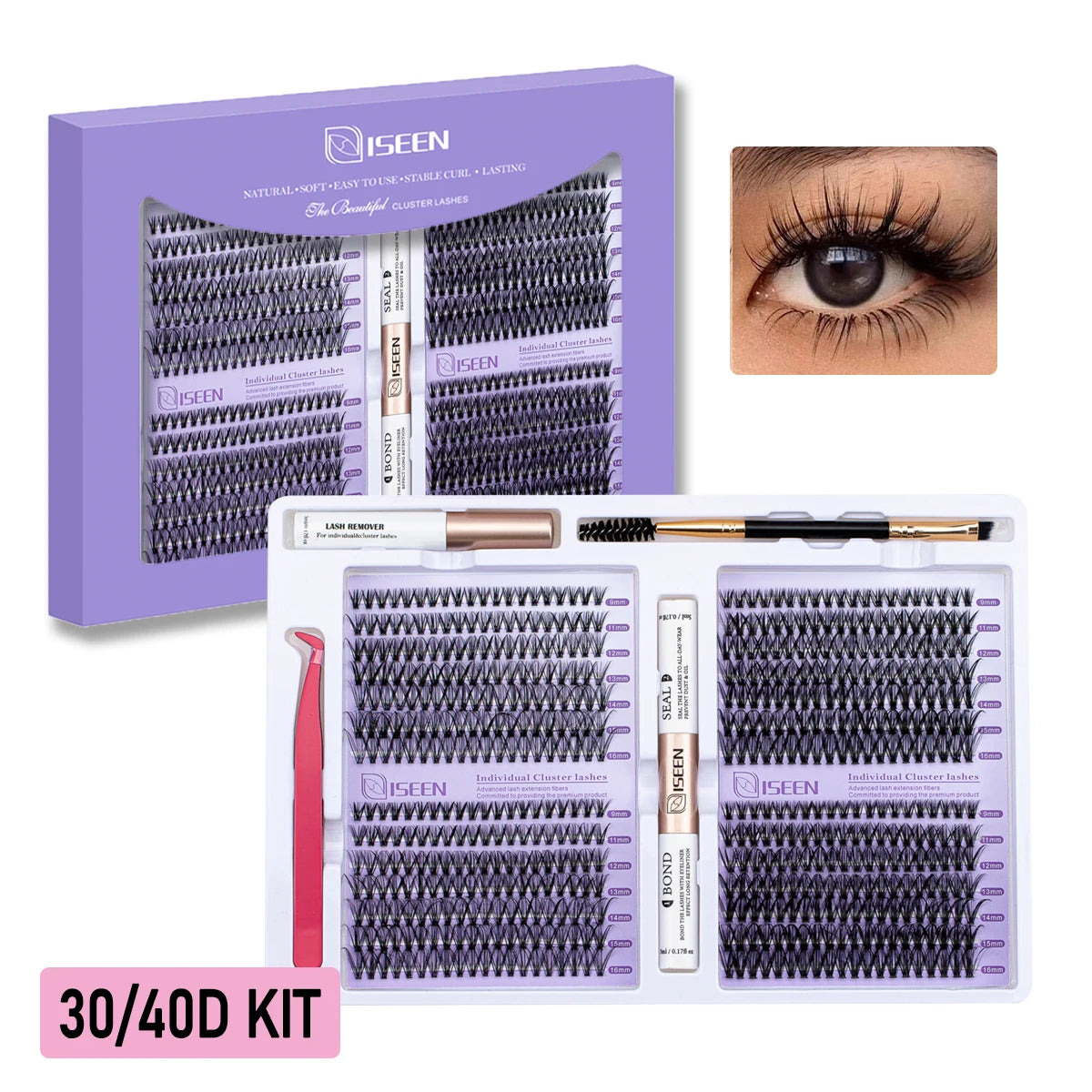 ISEEN DIY Lash Extension Kit – Mixed Style Lash Clusters with Bond & Seal, Remover, Tweezers & Lash Brush for Self-Application