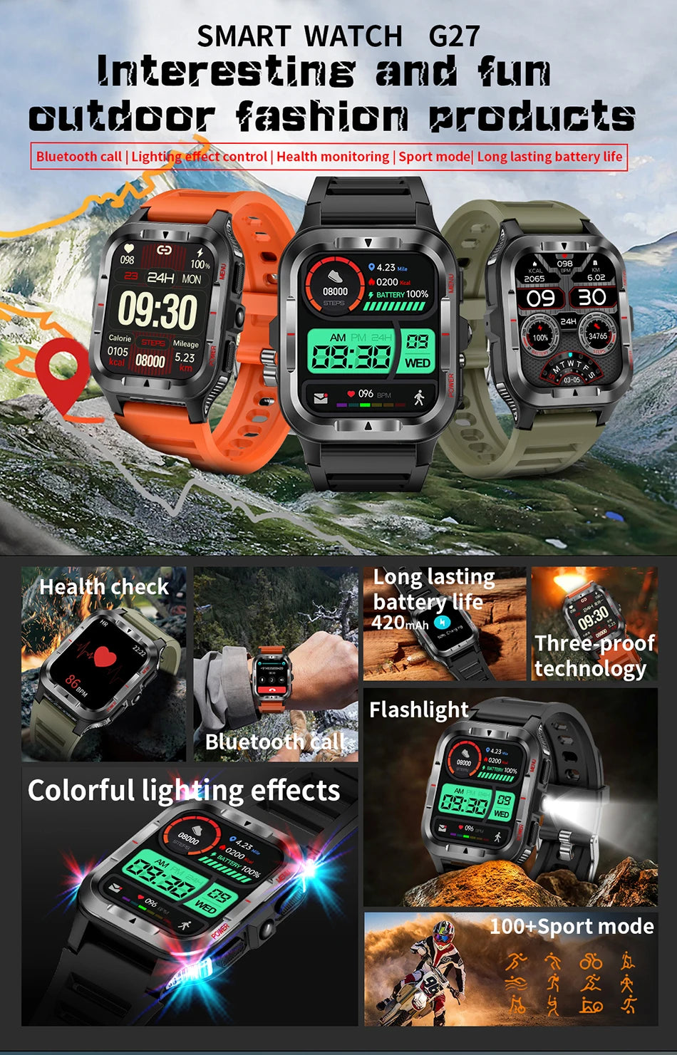 Men’s GPS Sports Smart Watch | Bluetooth Call | 480mAh Long Battery | LED Flashlight | 100+ Sport Modes | Life Waterproof