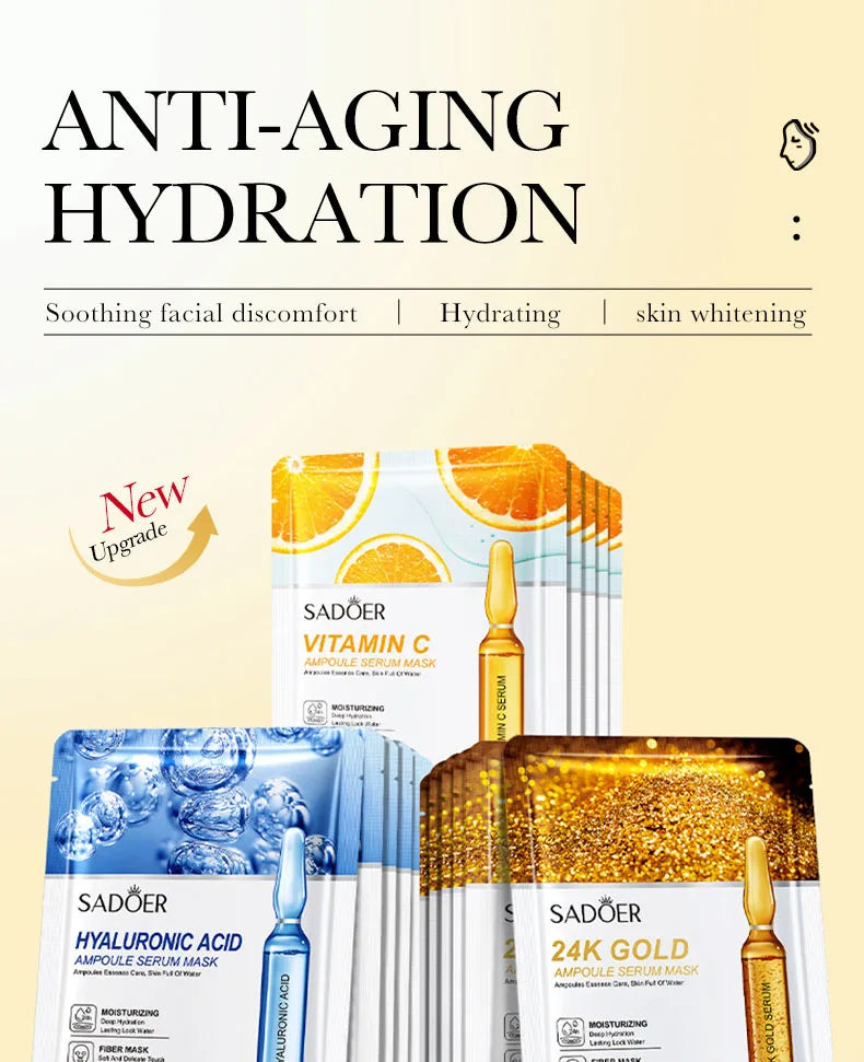 10-30 Pcs SADOER 24K Gold Vitamin C & Hyaluronic Acid Facial Masks – Moisturizing, Firming & Hydrating Skincare Treatment