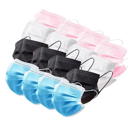 50PCS Disposable Face Masks – 3-Layer Non-Woven Breathable Masks with Soft Ear Loops | Black, Blue, White, Pink Color Options