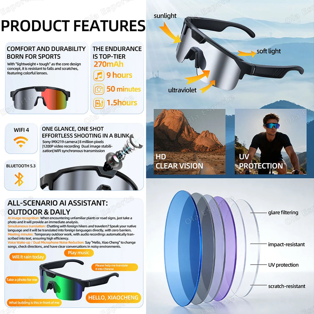 AI Smart Glasses HD Camera Bluetooth Calls Music WiFi Recording Glasses