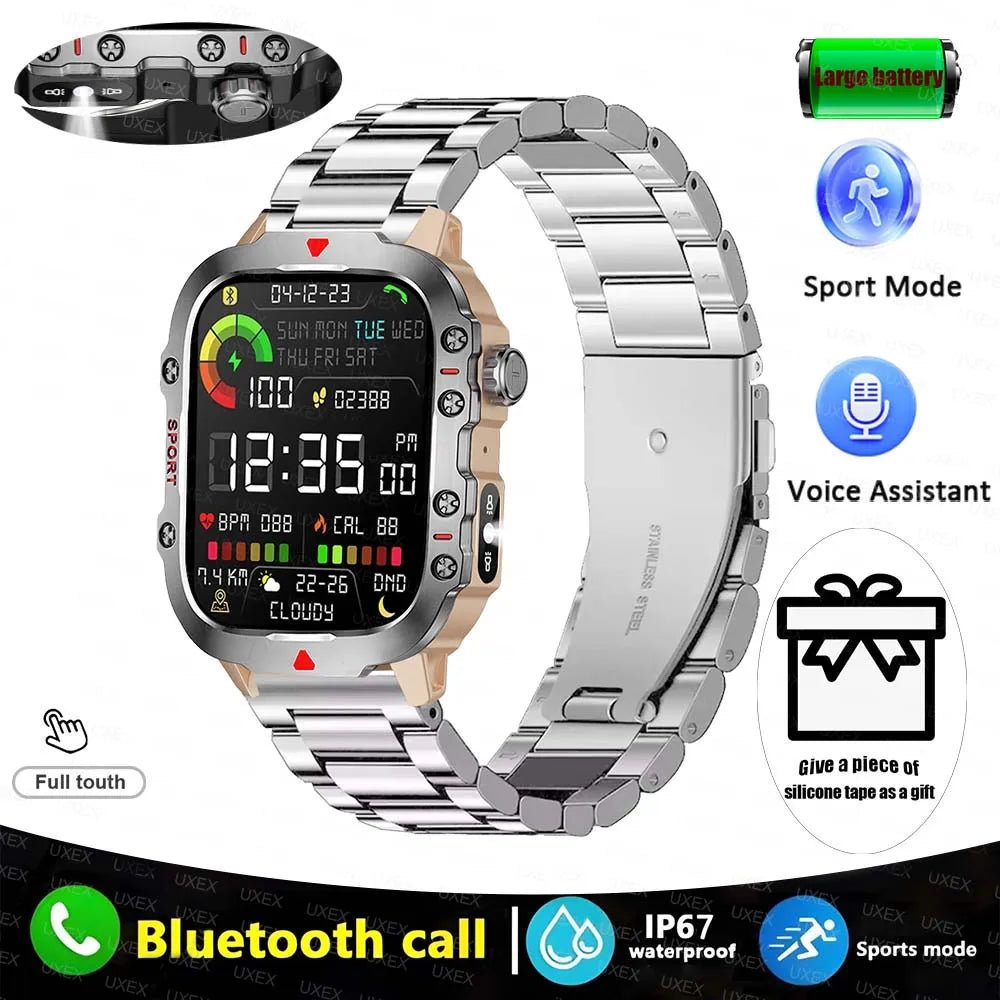 Rugged Men’s Bluetooth Call Smart Watch with Flashlight – 2.01” Outdoor Sports Fitness Watch for Android & iOS