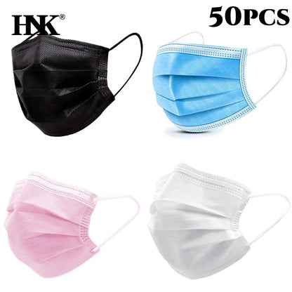 50PCS Disposable Face Masks – 3-Layer Non-Woven Breathable Masks with Soft Ear Loops | Black, Blue, White, Pink Color Options
