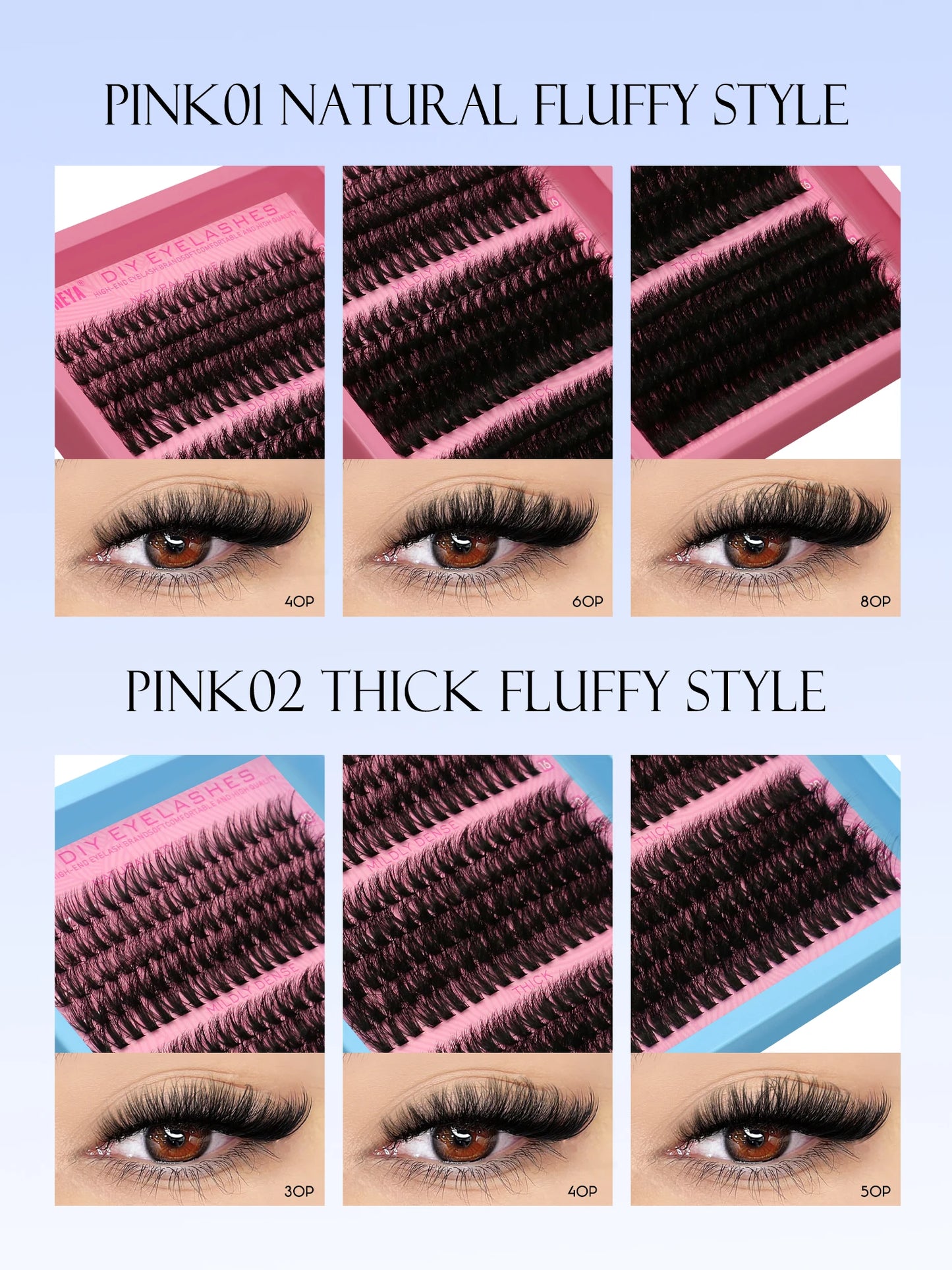 GROINNEYA DIY Fluffy Cluster Lashes Kit – Faux Mink Individual Eyelash Extensions, D-Curl Volume Mixed Tray for At-Home Lash Styling