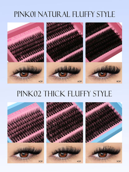 GROINNEYA DIY Fluffy Cluster Lashes Kit – Faux Mink Individual Eyelash Extensions, D-Curl Volume Mixed Tray for At-Home Lash Styling
