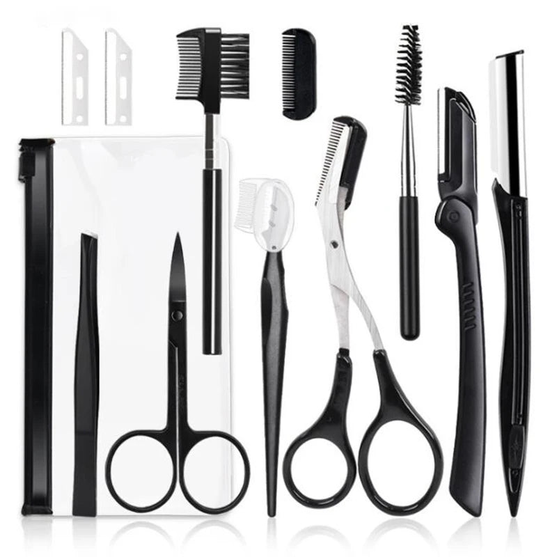 3–11PCS Eyebrow Grooming Tool Set – Stainless Steel Scissors, Tweezers, Razor & Brow Comb Makeup Kit