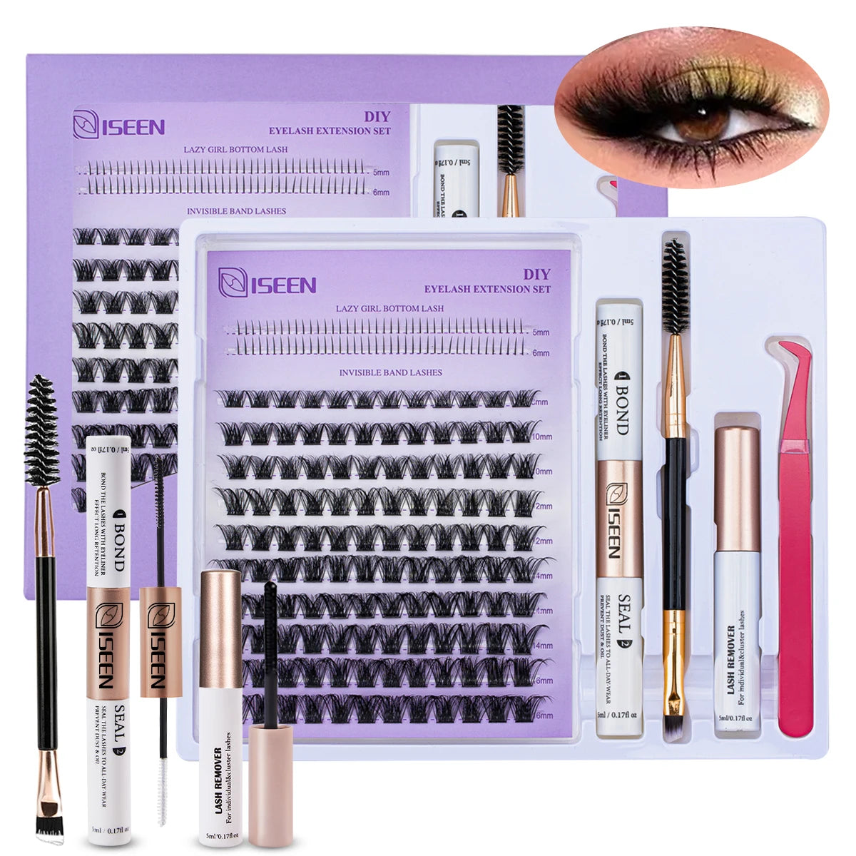 ISEEN DIY Lash Extension Kit – Mixed Style Lash Clusters with Bond & Seal, Remover, Tweezers & Lash Brush for Self-Application