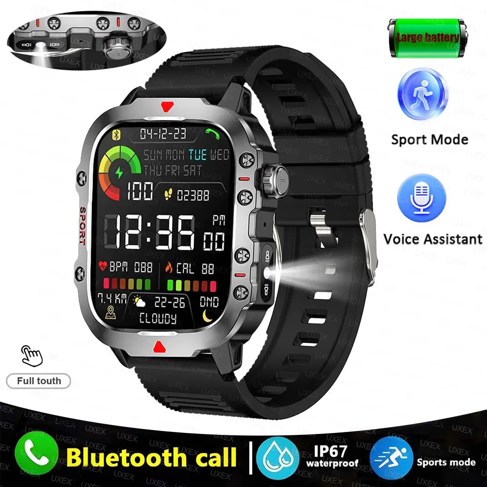 Rugged Men’s Bluetooth Call Smart Watch with Flashlight – 2.01” Outdoor Sports Fitness Watch for Android & iOS