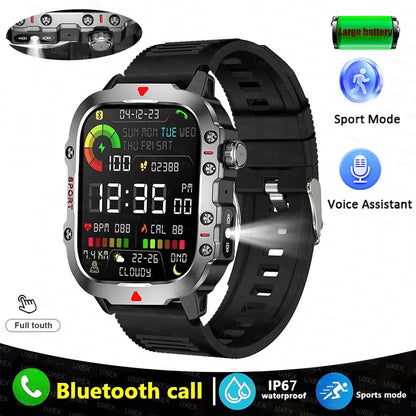 Rugged Men’s Bluetooth Call Smart Watch with Flashlight – 2.01” Outdoor Sports Fitness Watch for Android & iOS
