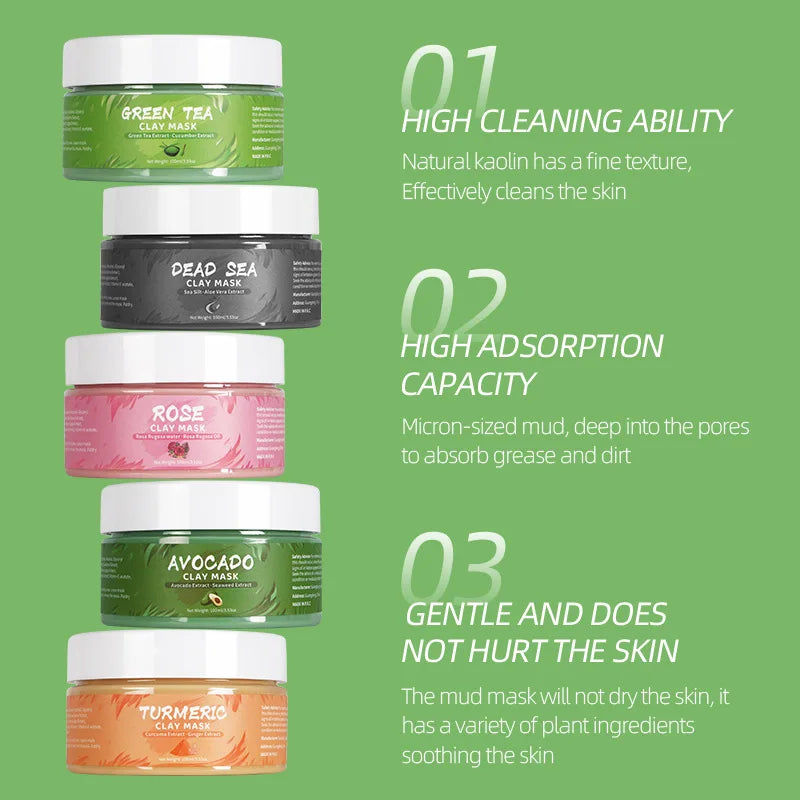 Turmeric, Green Tea, Rose & Avocado Clay Facial Mask – Hydrating, Brightening & Blackhead Removal Mud Skincare Treatment