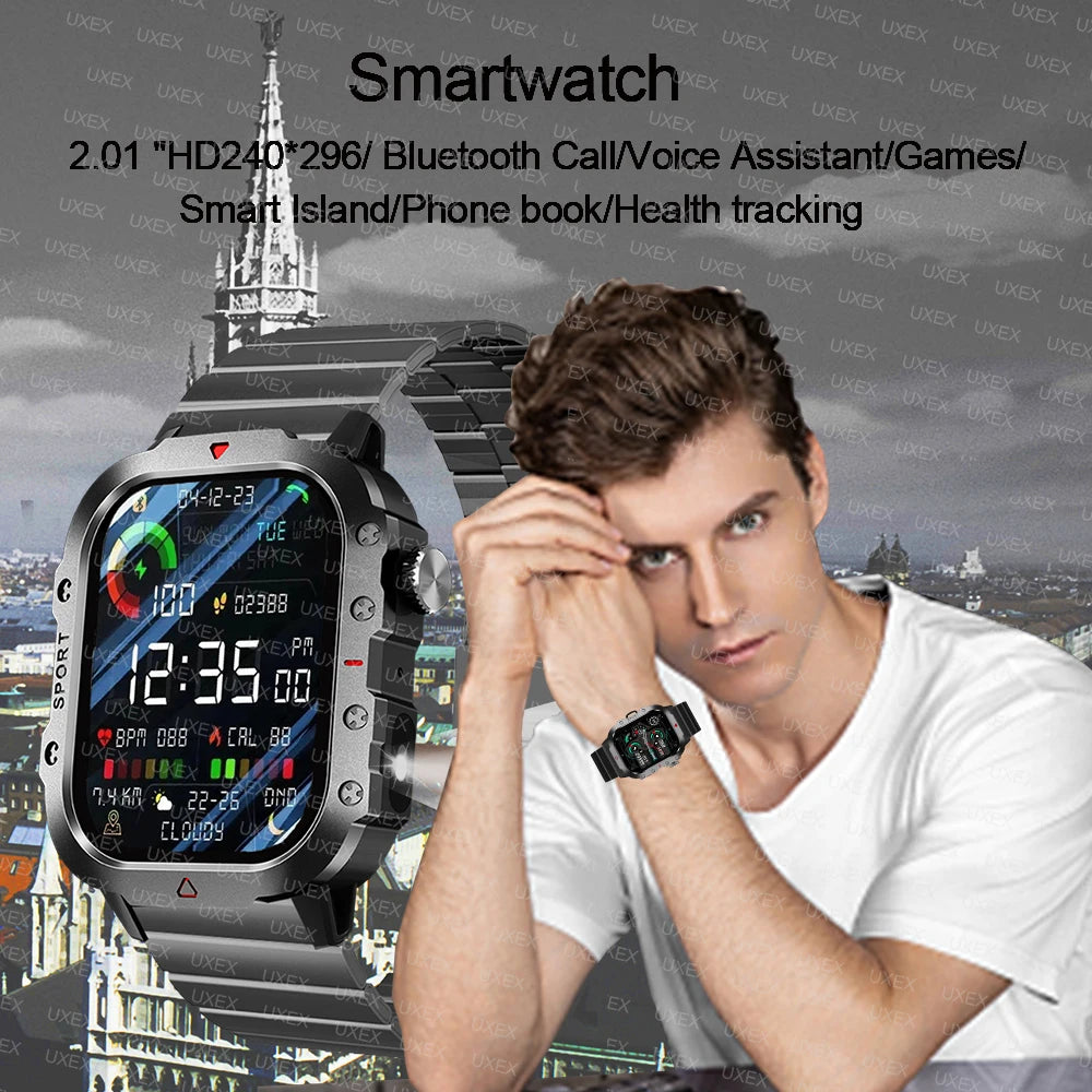 Rugged Men’s Bluetooth Call Smart Watch with Flashlight – 2.01” Outdoor Sports Fitness Watch for Android & iOS