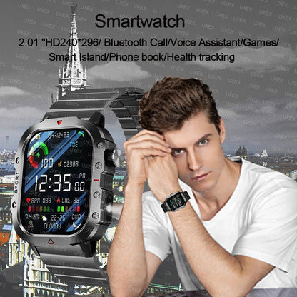 Rugged Men’s Bluetooth Call Smart Watch with Flashlight – 2.01” Outdoor Sports Fitness Watch for Android & iOS
