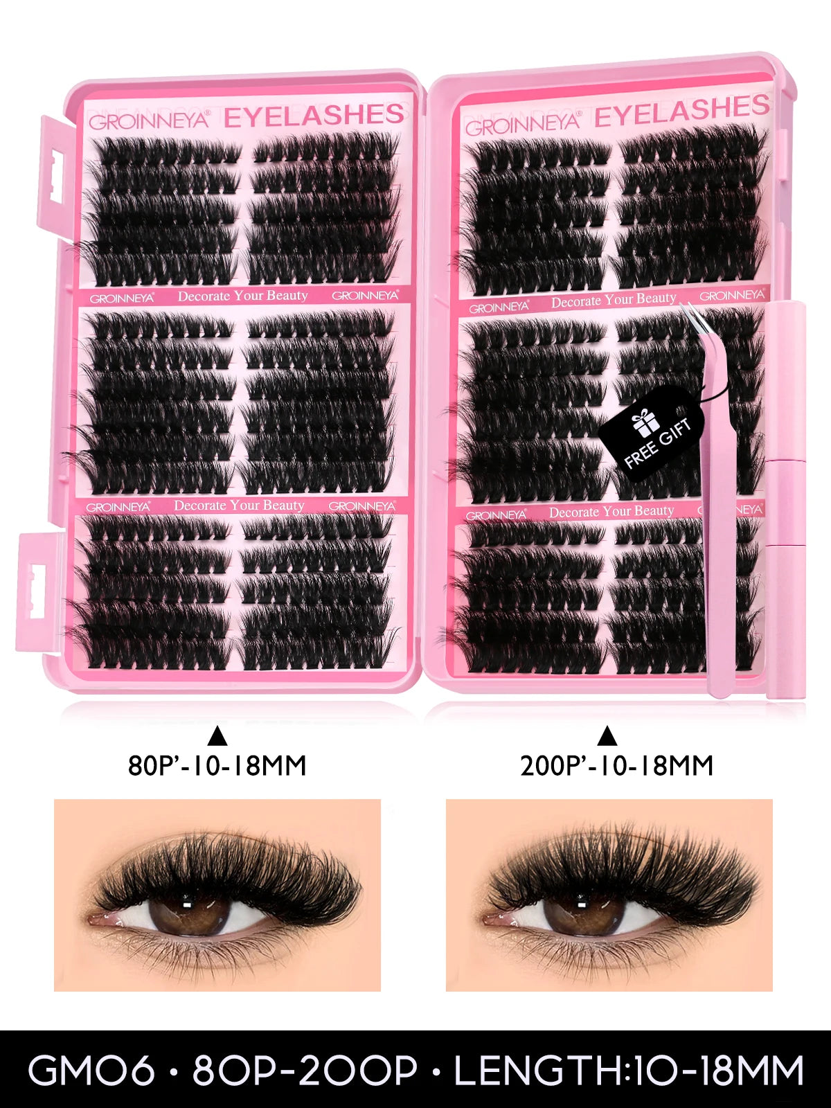 GROINNEYA DIY Lash Clusters Kit – 640PCS Cat-Eye Individual Eyelash Extensions with Bond & Seal for At-Home Lash Application