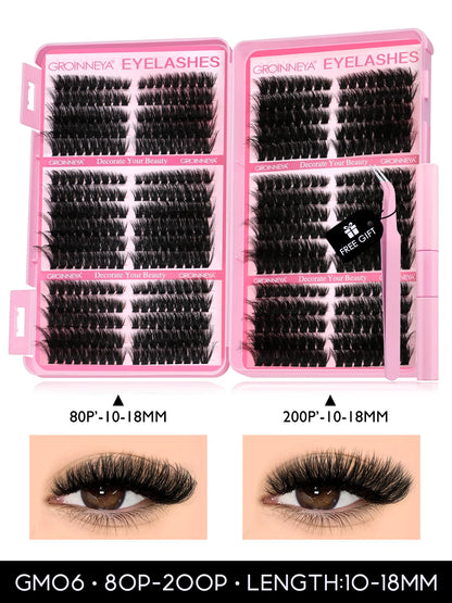 GROINNEYA DIY Lash Clusters Kit – 640PCS Cat-Eye Individual Eyelash Extensions with Bond & Seal for At-Home Lash Application
