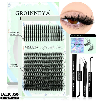 GROINNEYA Lash Clusters Kit – Spiky D-Curl Individual Lash Extensions with Bond & Seal for DIY Eyelash Application