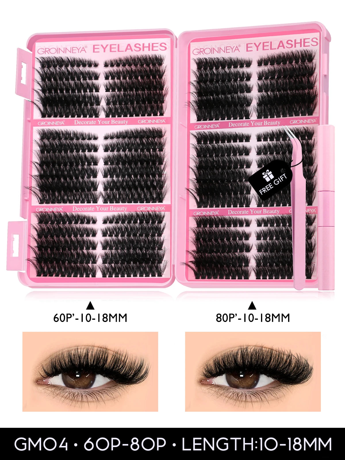 GROINNEYA DIY Lash Clusters Kit – 640PCS Cat-Eye Individual Eyelash Extensions with Bond & Seal for At-Home Lash Application