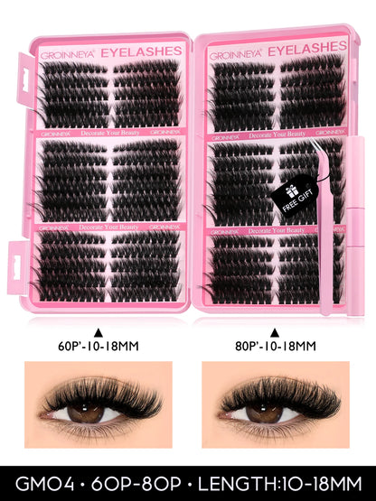 GROINNEYA DIY Lash Clusters Kit – 640PCS Cat-Eye Individual Eyelash Extensions with Bond & Seal for At-Home Lash Application