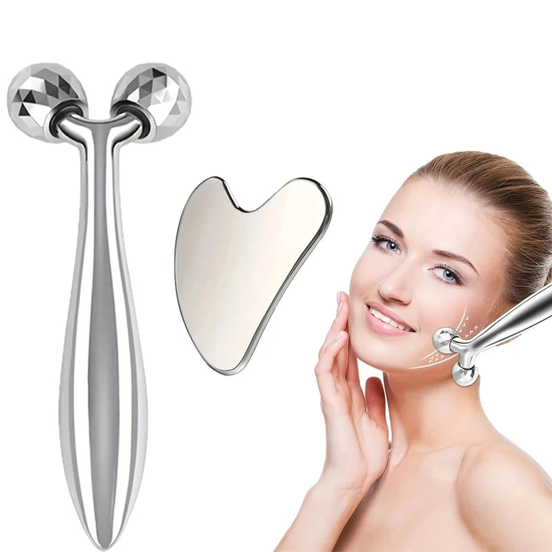 Stainless Steel Gua Sha Facial Tool & 3D Roller – Eye & Face Massage Beauty Tool