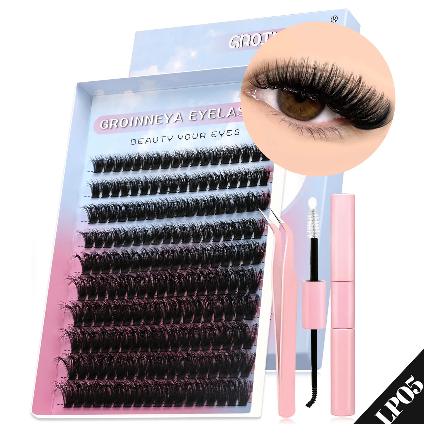 GROINNEYA DIY Lash Clusters Kit – 640PCS Cat-Eye Individual Eyelash Extensions with Bond & Seal for At-Home Lash Application
