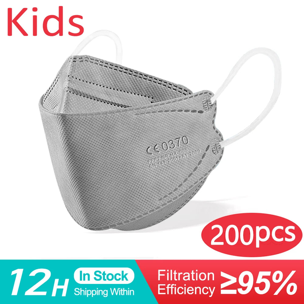 10–200 PCS Kids KN95 Face Masks – 4-Layer FFP2 Protective Masks for Children Ages 6–14, Dustproof & Comfortable, for Boys & Girls